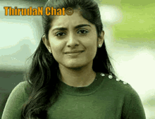 a close up of a woman 's face with the words thrudan chat written above her