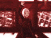 a girl with white hair is smiling in front of a wall that says pencil pan
