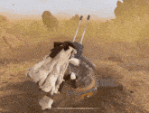 a video game character in a white cape is standing next to a machine in the desert