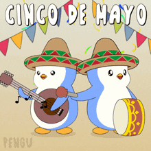 two penguins wearing sombrero hats are playing guitar and drum in a cinco de mayo poster