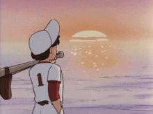 a baseball player with the number 1 on his jersey stands in front of a sunset