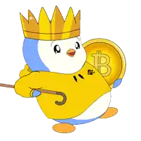 a penguin wearing a crown and holding a bitcoin