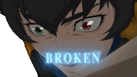 a close up of a person 's face with the word broken behind it