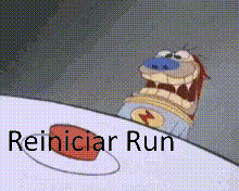 a cartoon character is standing next to a button that says reiniciar run