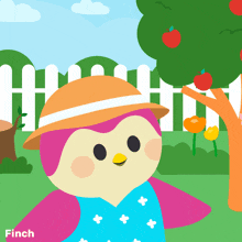 a pink bird wearing a hat and a blue dress with the name finch on the bottom right
