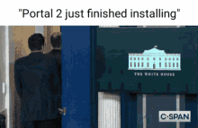 a man in a suit stands in front of a sign that says the white house