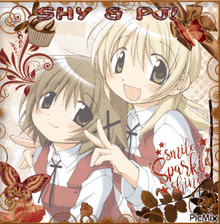 a picture of two anime girls with the words shy & pj on the bottom