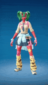 a girl with green hair and red skin is wearing a school uniform
