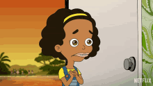 a cartoon girl is standing in front of a door that says netflix on the bottom