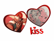 a picture of a man and a woman with the word kiss in red