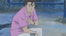 a man in a pink shirt is sitting on the ground and says " oh this "