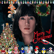 a woman is surrounded by snowmen and christmas trees with the words merry christmas written in red
