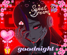 a pixel art of a girl wearing headphones with the words sweet dreams goodnight