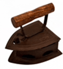 an old rusty iron with a wooden handle is on a white background .