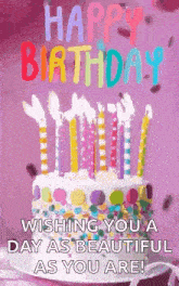 a happy birthday greeting card with a cake and candles on it .