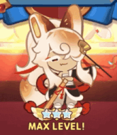 a cartoon character holding a stick with the words max level on the bottom