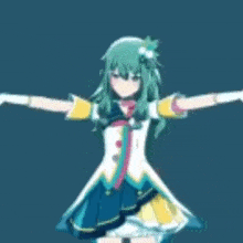 a cartoon girl with green hair and a flower in her hair is dancing with her arms outstretched .