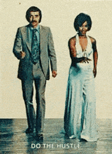 a man in a suit and tie walking next to a woman in a white dress with the words do the hustle below them
