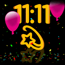 11:11 is displayed on a screen surrounded by pink balloons