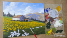 a painting of a barn in a field of yellow flowers is made in animatica