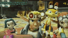 a group of cartoon characters are sitting next to each other in a video game .