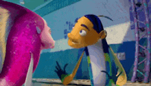 a cartoon character is standing next to a pink fish and talking to it
