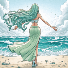 a woman with long green hair is standing on the beach