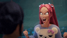 a cartoon girl with pink hair and a teddy bear on her sweater is making a funny face .