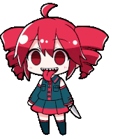 a girl with red hair is holding a knife and sticking out her tongue