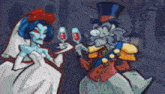 a cartoon of a bride and groom holding champagne glasses