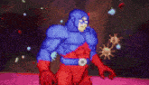 a pixel art of a superhero in a red and blue costume