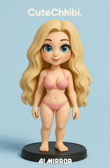 a cute chibi doll in a pink bikini is standing on a blue surface