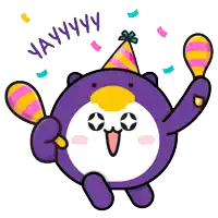 a cartoon penguin wearing a party hat and holding maracas says yay