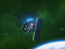 a robot is flying through the air with a purple light coming out of it