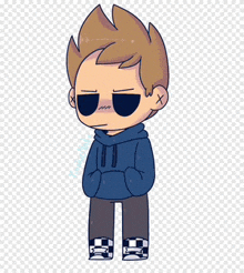 a cartoon drawing of a boy wearing a blue hoodie and checkered shoes .