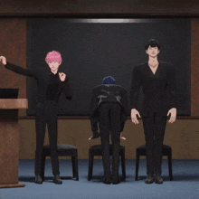 a man with pink hair is standing next to two other men in suits
