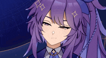 a purple haired anime character with a star on her head