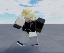 a cartoon character with blonde hair and a black shirt is walking