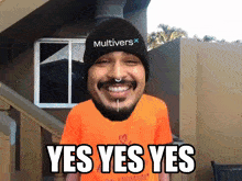 a man with a beard wearing a beanie that says multiverse on it