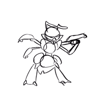 a black and white drawing of a cartoon character standing on a white surface .