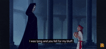 a cartoon of a man talking to another man with the words i was lying and you fell for my bluff