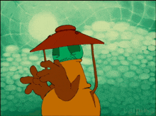 a cartoon character with a red umbrella and the word calposa on the bottom
