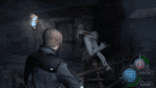 a video game with leon and ashley in the background