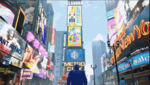 a man walking down a city street with a sign that says metro city