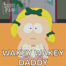 a cartoon of a girl with a sign that says south park in the background
