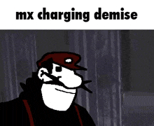 a black and white cartoon of a man with a mustache wearing a red hat and suspenders .