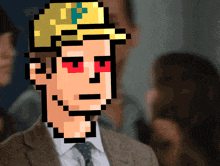 a pixel art of a man in a suit and tie with red eyes