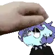 a hand is holding a cartoon character 's head in a pixel art style .