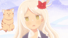 a girl with long blonde hair has a red flower in her hair and a cat behind her