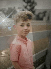 a boy in a pink shirt stands in front of a window